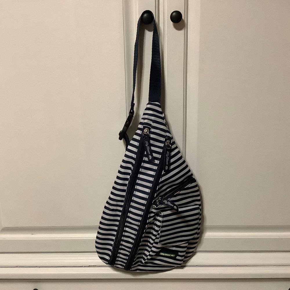 Lily Bloom,Navy Stripe Tass Sling Belt Bag New, lots of pockets, green inside